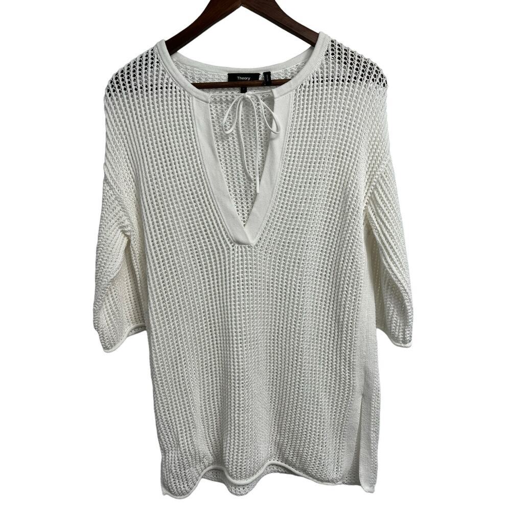 THEORY White Open Knit Mesh Top Tie neck Pullover Size P (Small)